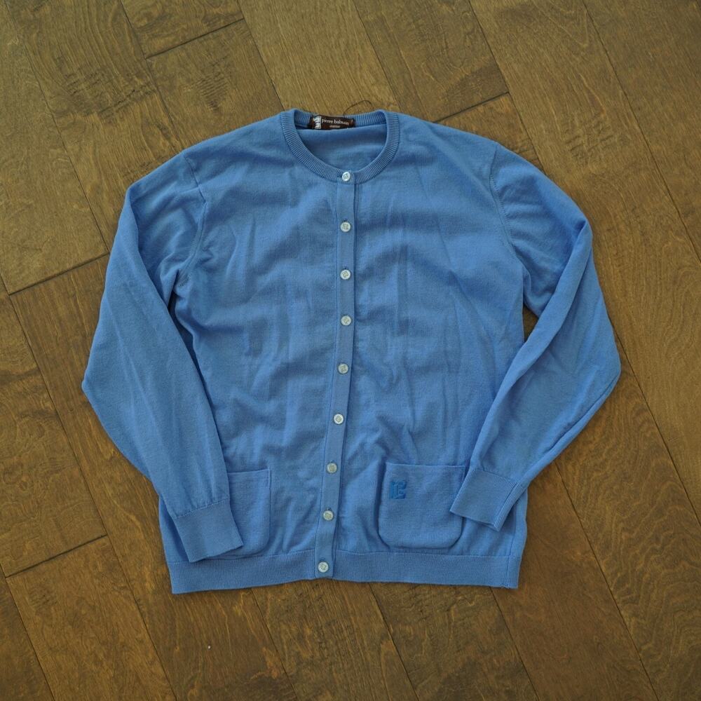 VTG‎ Pierre Balmain Cardigan Small Wool Blend Blue Logo Long Sleeve Button Front